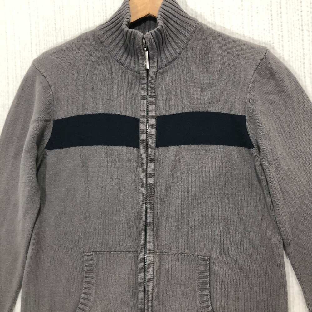 DKNY Gray Cotton Full Zip Knit Cardigan Sweater Menswear Ribbed‎ Trim Pullover